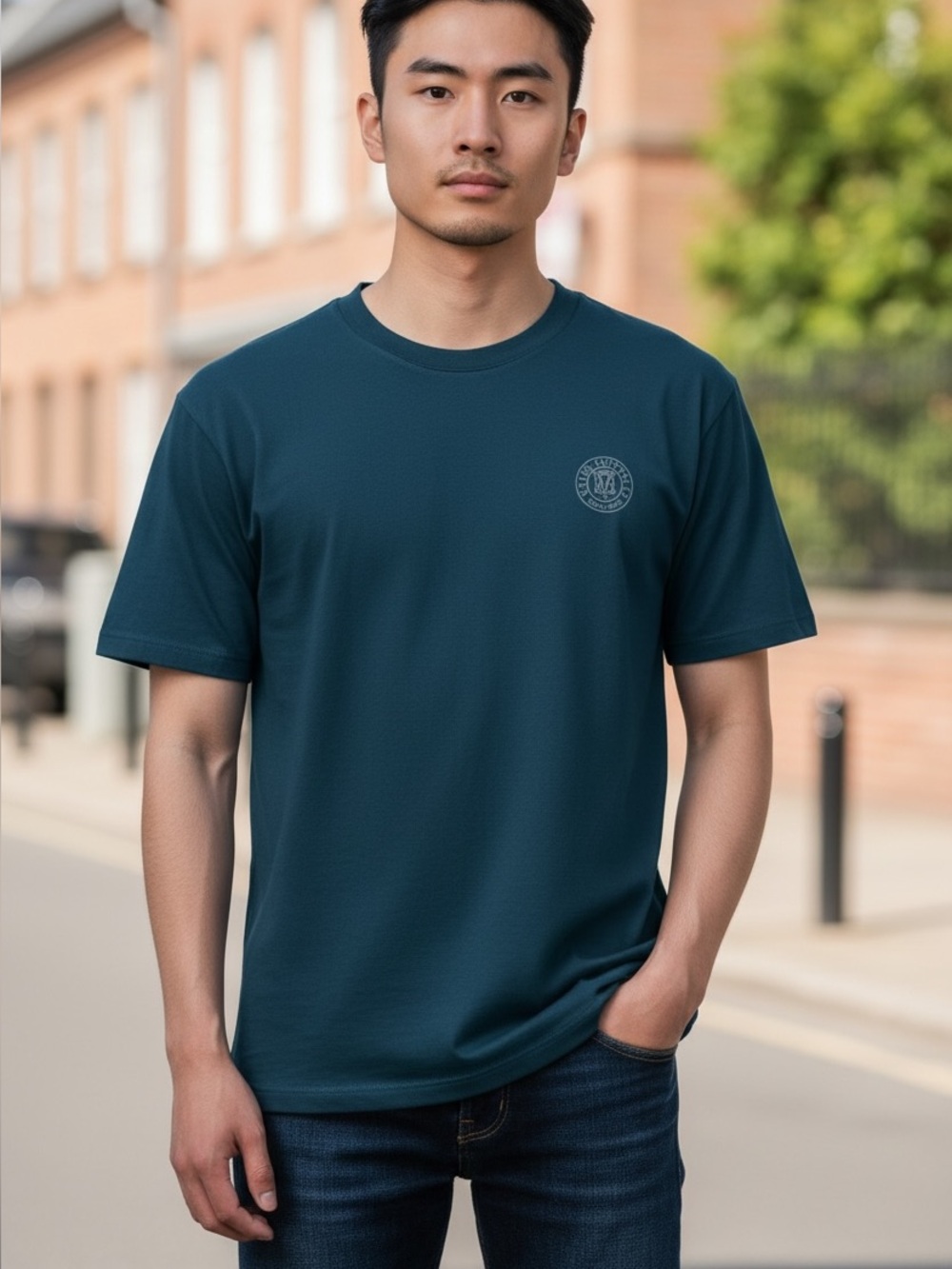 CLUB MONACO (M) Men's Logo Crest Tee Deep Teal Classic Cotton Crew Neck